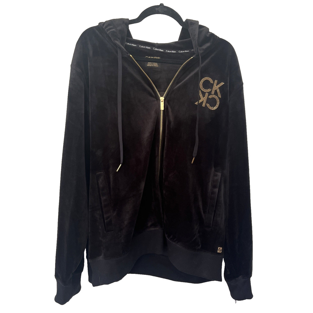 Calvin Klein 3 x Blk Velour Rhinestone Glitter Logo Hoodie Jacket NWT